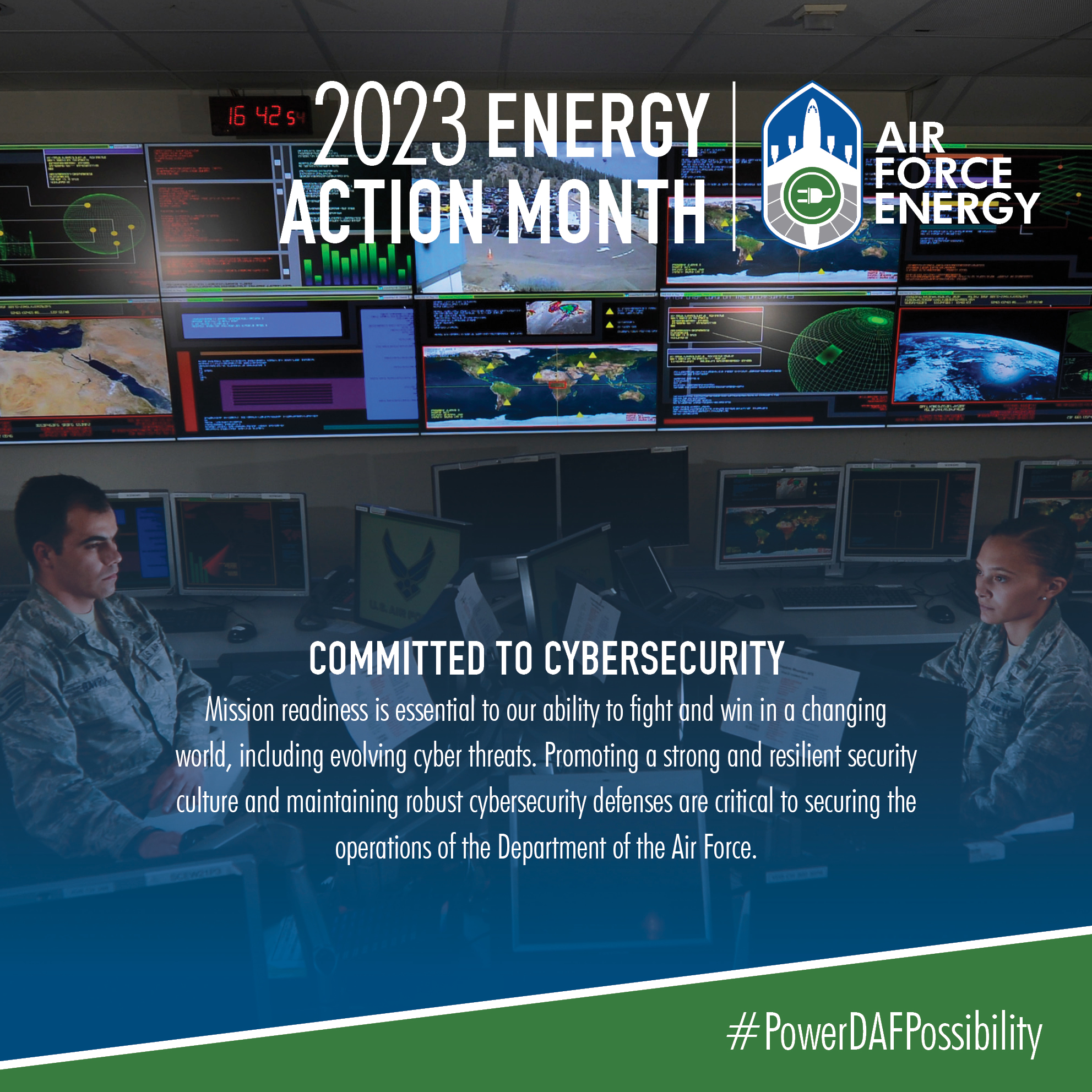 Airmen sit in control room and demonstrate the importance of cybersecurity for mission assurance. 
